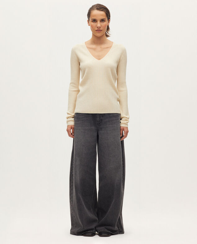 Pull col V en laine mérinos K300 ecru beige
