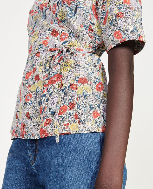 Blouse cache-cœur en soie fleurie Print eden cream