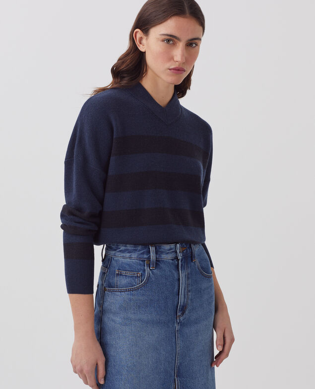Pull marin col V en laine mérinos J092 st blue black