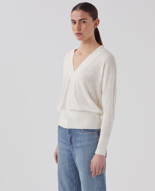Pull col V à manches longues H013 gardenia