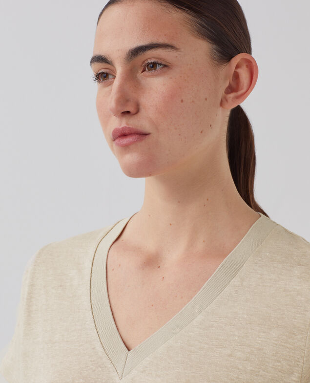 T-shirt col V en lin SARAH J020 beige lining