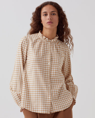 Blouse &agrave; col volant&eacute; I310 check creme camel