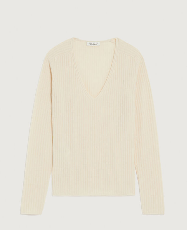 Pull col V en laine mérinos K300 ecru beige