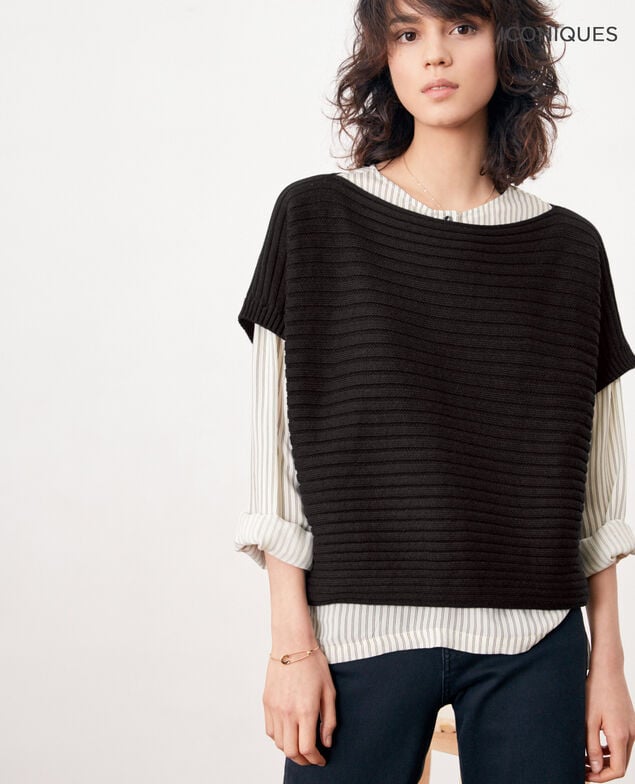 Pull manches courtes en maille côtelée zéro couture Noir