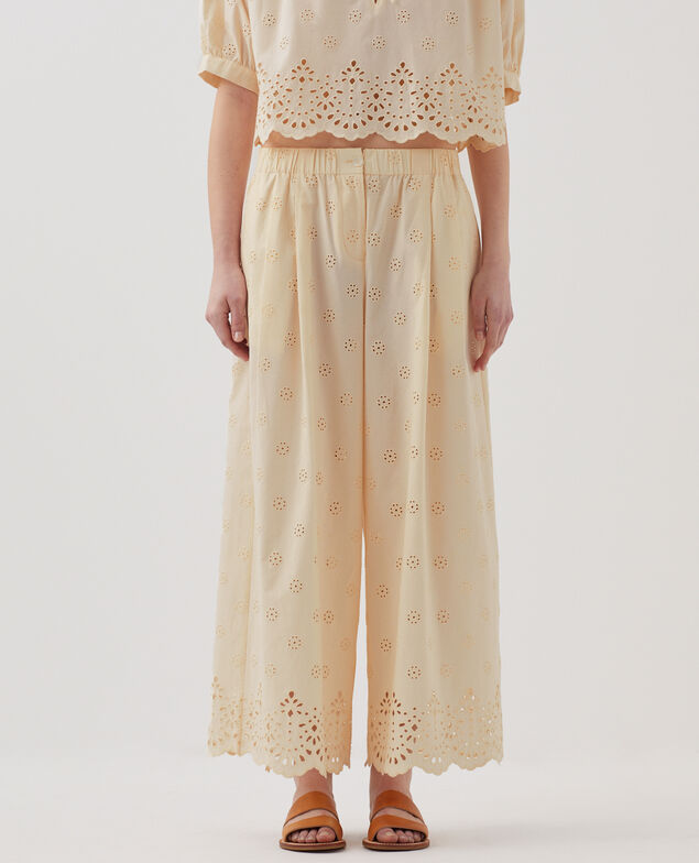 Pantalon ample broderie anglaise en coton I307 ecru