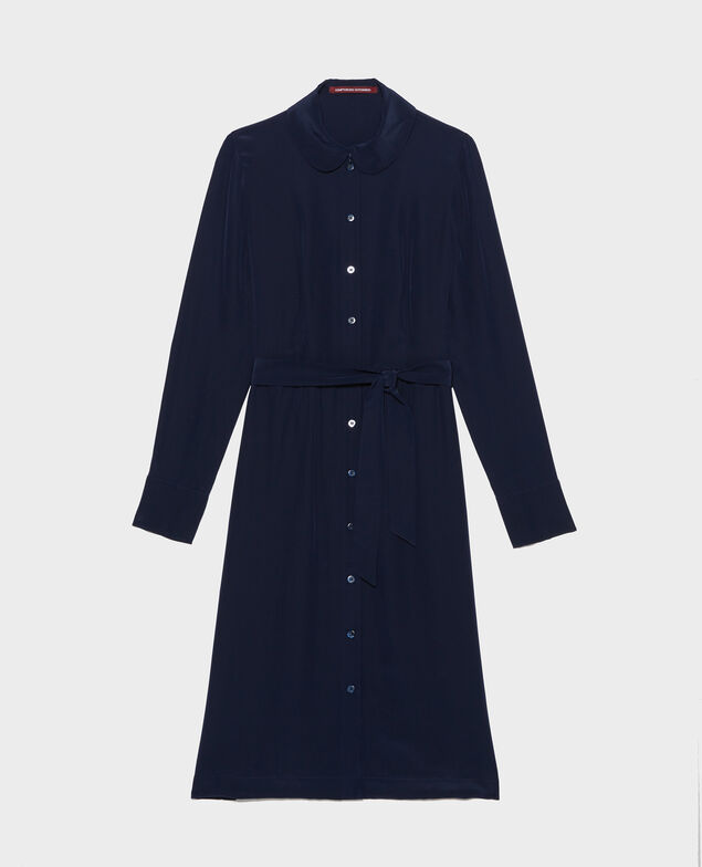 Robe chemise en soie ceinturée col rond Maritime blue
