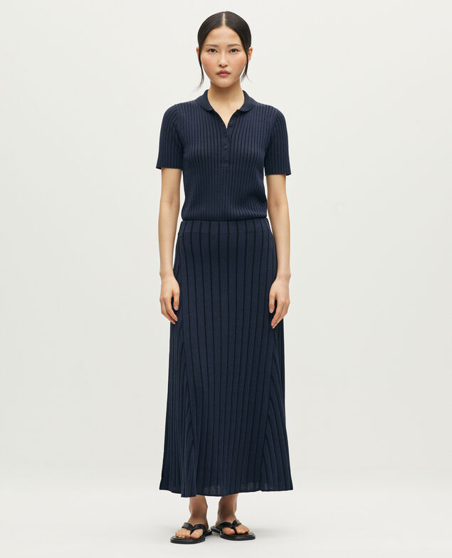 Jupe longue en maille c&ocirc;tel&eacute;e L682 blue black