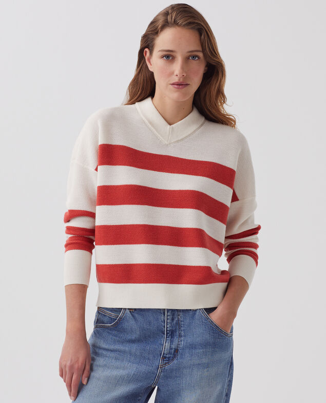 Pull marin col V en laine mérinos J242 st ecru paprika