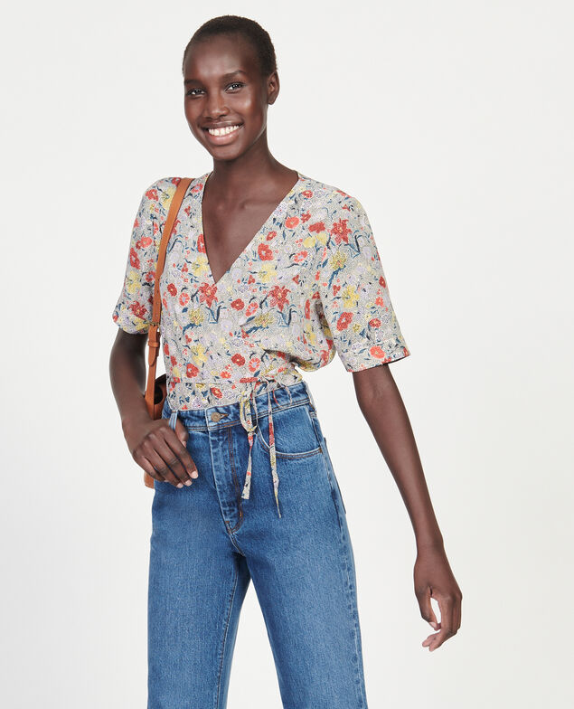 Blouse cache-cœur en soie fleurie Print eden cream