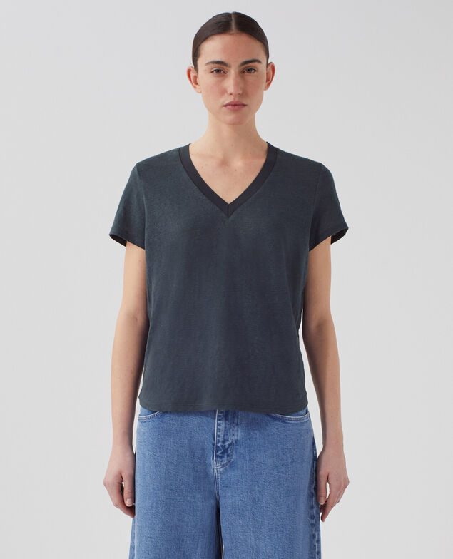 T-shirt col V en lin SARAH J690 blueberry