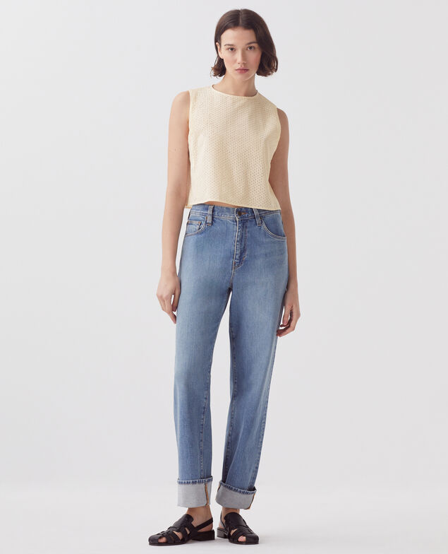 Top sans manches brodé en coton H013 gardenia