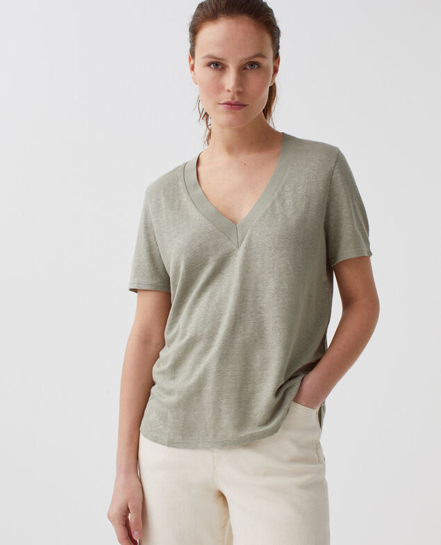 T-shirt col V en lin SARAH H050 vetiver