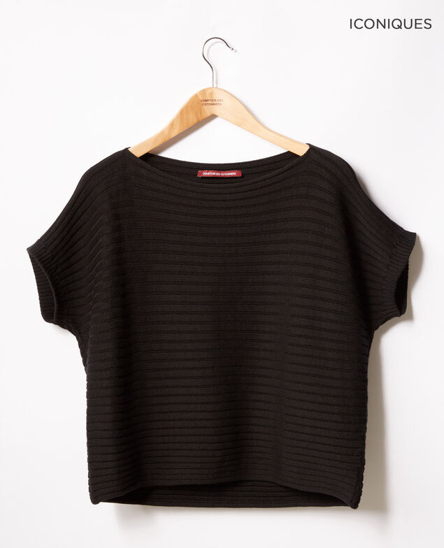 Pull manches courtes en maille côtelée zéro couture Noir