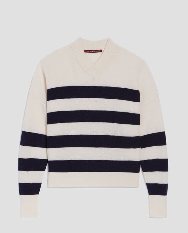 Pull marin col V en laine mérinos J682 st ecru navy