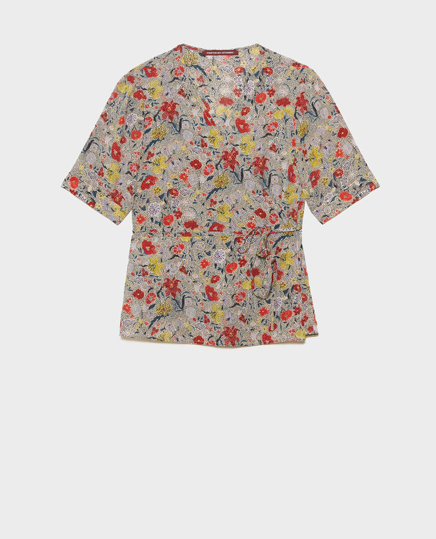 Blouse cache-cœur en soie fleurie Print eden cream