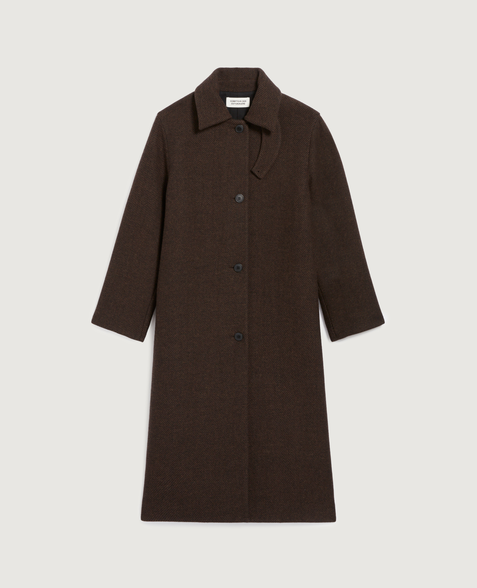 Wool blend long straight coat twill brown - Comptoir des Cotonniers